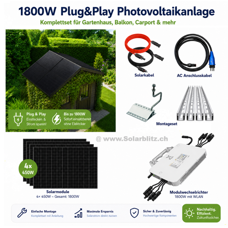 1800W (600W) Plug&Play Solaranlage legal! Für Gartenhaus für unterschiedliche Ausrichtungen